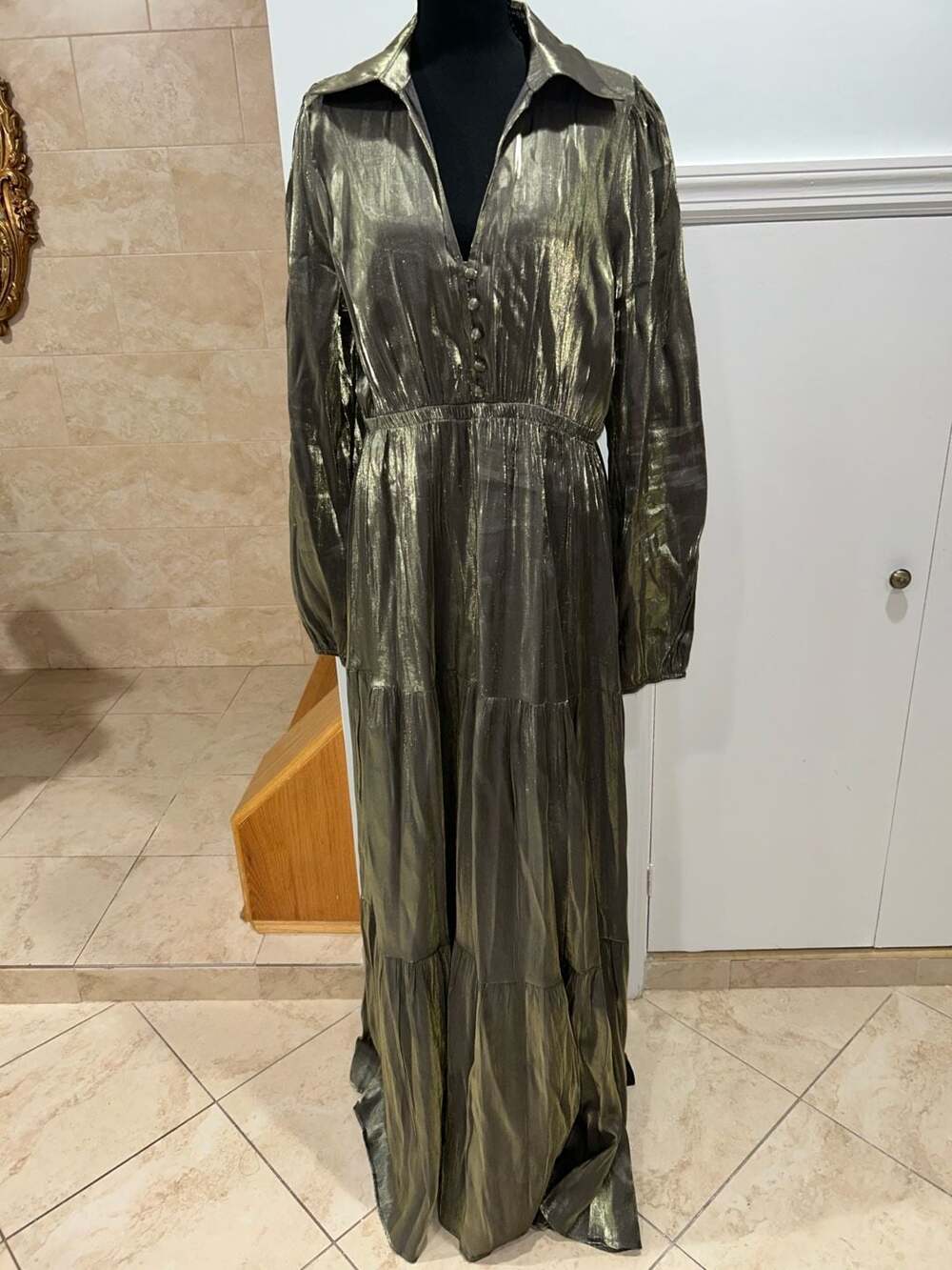 Faeriesty Metallic Gold Long Sleeve Tiered Maxi Dress Size XL